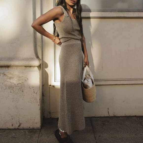 Zara | Tops | Zara Knit Co Ord Set Midi Skirt Tank S M Grey Taupe | Poshmark